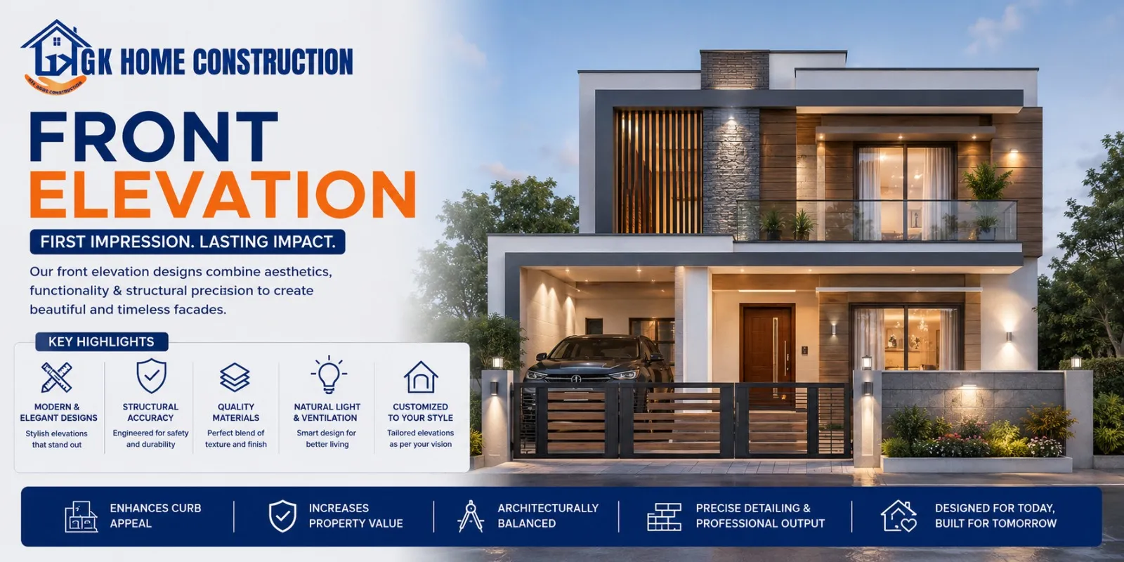 House front elevation design services in Bangalore by GK Home Construction
